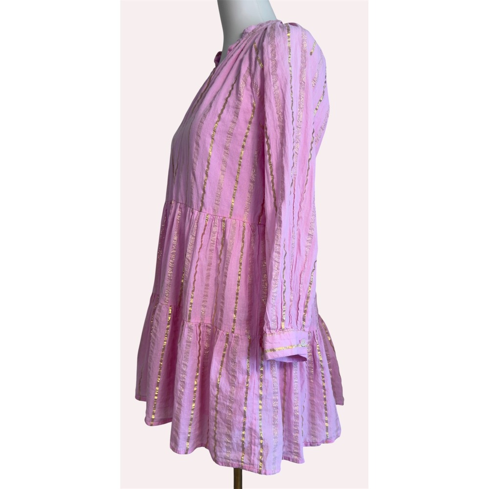 Area Stars Pink Gold Metallic Striped Tiered Cotton Mini Dress Womens Small - Picture 7 of 13